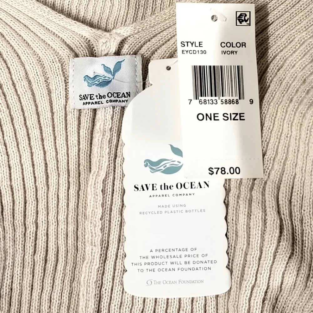 New Save the Ocean Beige Ribbed Kimono Boxy Stretch Open Front Cardigan one size